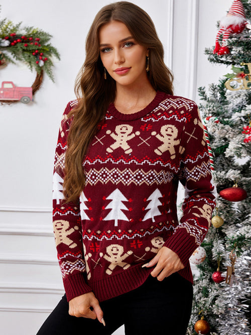 Thickened knit Cartoon Jacquard Crewneck Pullover Rib Christmas Sweater