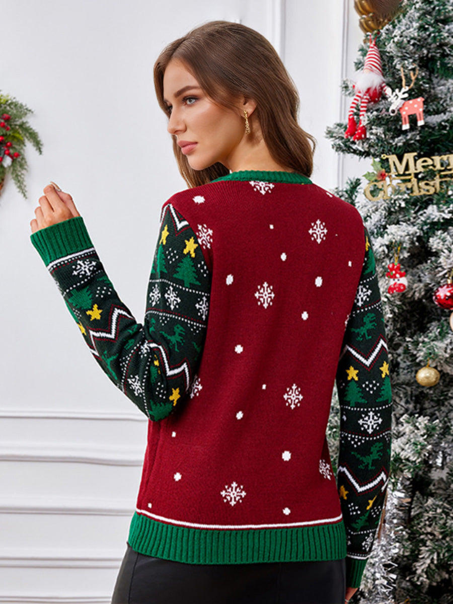 Red Thickened knit Cartoon Jacquard Crewneck Pullover Rib Christmas Sweater