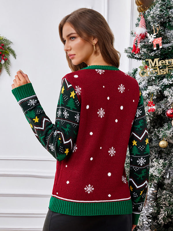 Red Thickened knit Cartoon Jacquard Crewneck Pullover Rib Christmas Sweater