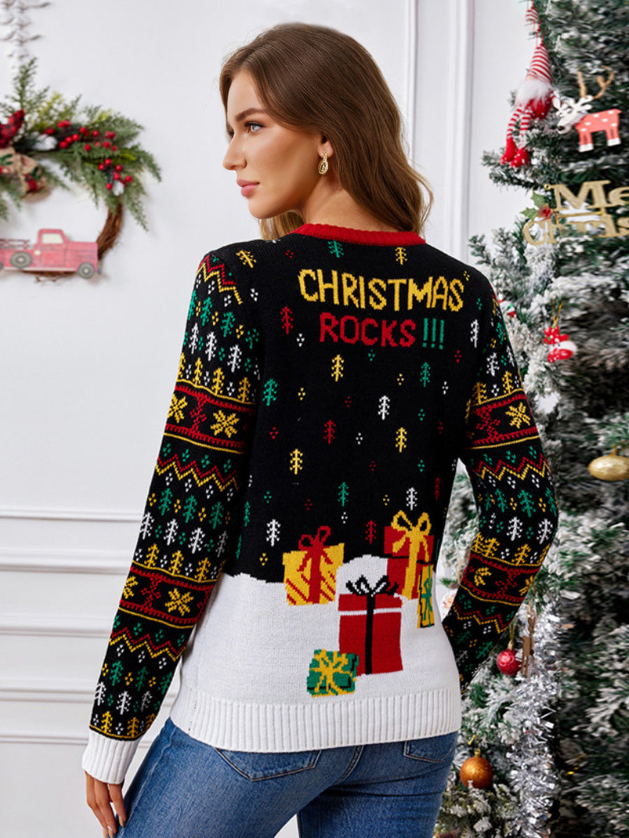 Black Thickened knit Jacquard Crewneck Pullover Rib Christmas Sweater