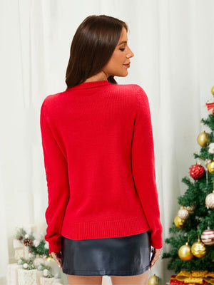 Red Thickened knit Crewneck Pullover Rib Christmas Sweater With Sequins
