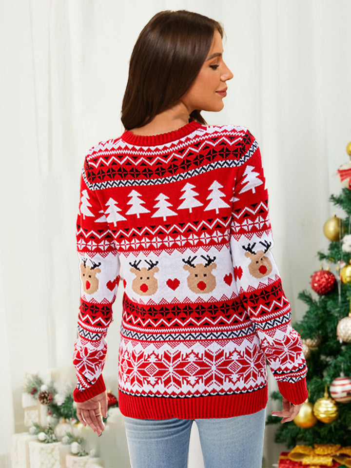 Red Pullover Crewneck Rib Knit Reindeer Color-Blocked Christmas Sweater