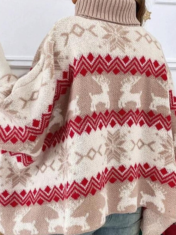 Reindeer Color-Block Pattern Bat-Sleeve Knitted Christmas Sweater