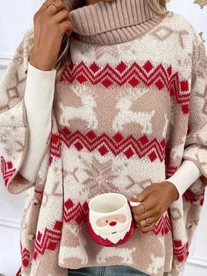 Reindeer Color-Block Pattern Bat-Sleeve Knitted Christmas Sweater