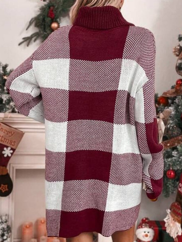 Color-Block Plaid Loose Turtleneck Knitted Christmas Sweater Dress
