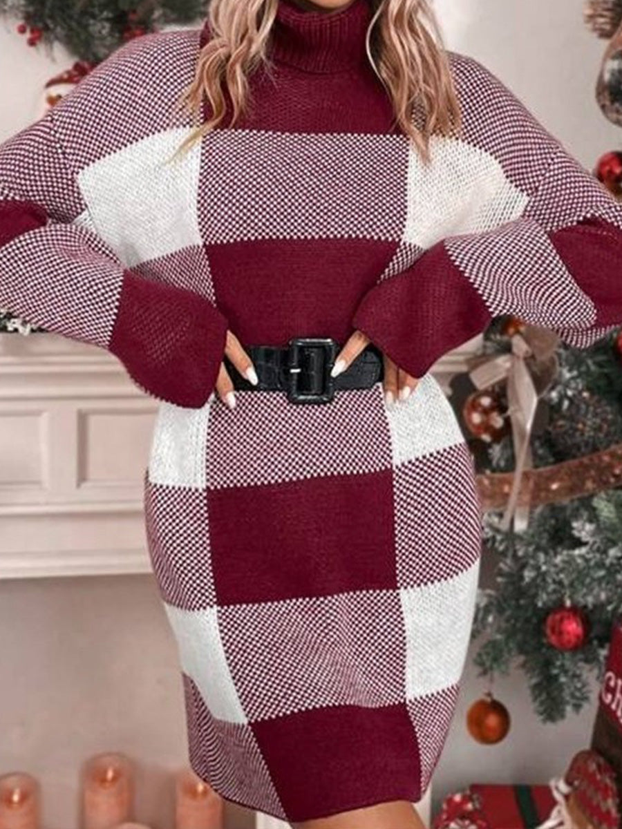 Color-Block Plaid Loose Turtleneck Knitted Christmas Sweater Dress