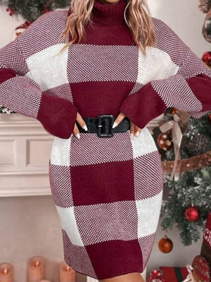 Color-Block Plaid Loose Turtleneck Knitted Christmas Sweater Dress