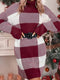 Color-Block Plaid Loose Turtleneck Knitted Christmas Sweater Dress