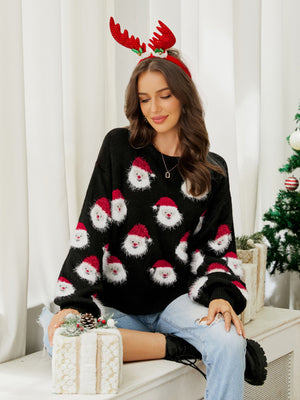 Santa Print Crew Neck Long Sleeve Loose Fit Pullover Christmas Sweater