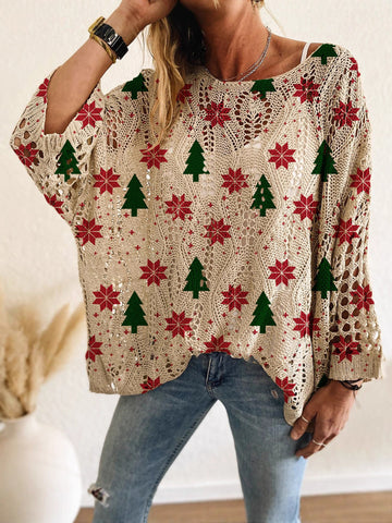 Women's Soft Crocheted Crew Neck Long Sleeves Christmas Sweater