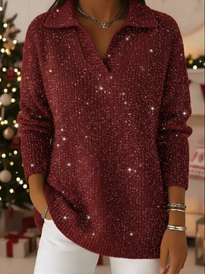 Polo Collar Shiny Loose Christmas Sweater