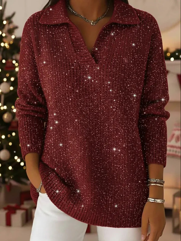 Polo Collar Shiny Loose Christmas Sweater