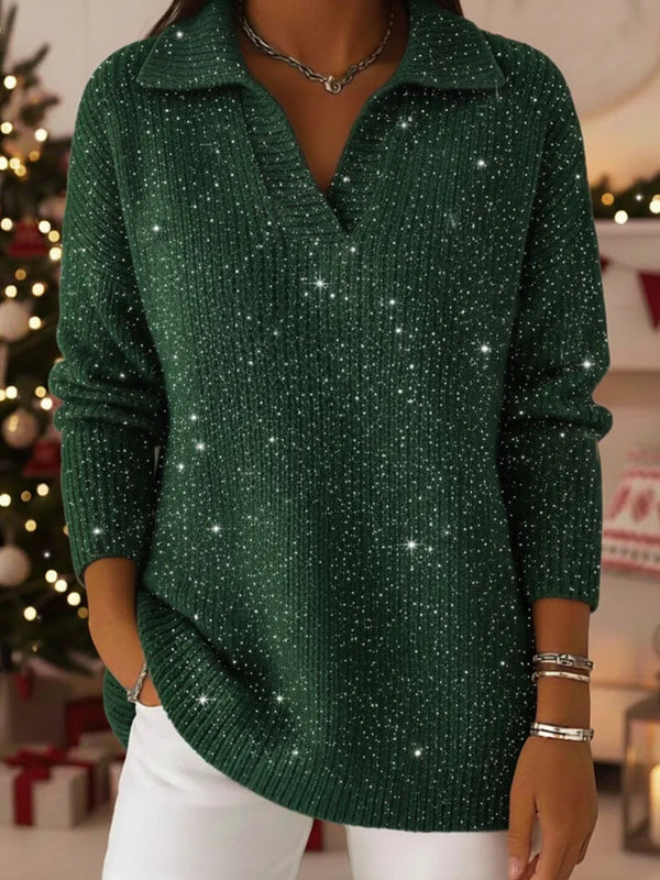 Polo Collar Shiny Loose Christmas Sweater