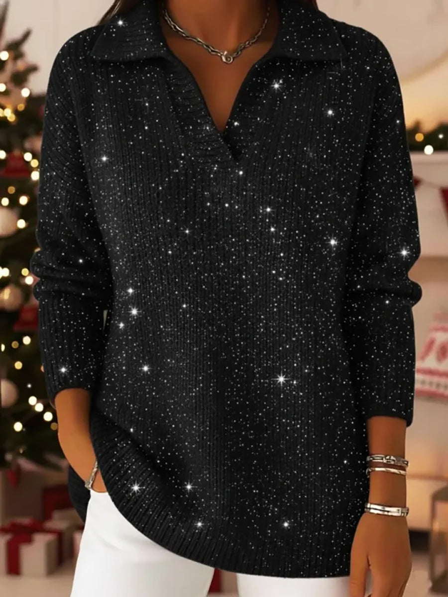 Polo Collar Shiny Loose Christmas Sweater