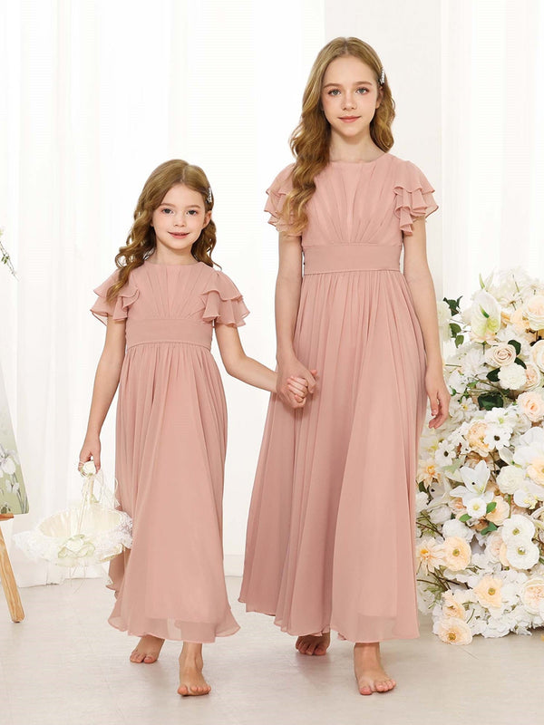 A-Line/Princess Chiffon Short Sleeves Scoop Neck Ankle-Length Junior Bridesmaid Dresses