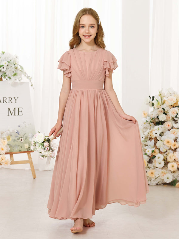 A-Line/Princess Chiffon Short Sleeves Scoop Neck Ankle-Length Junior Bridesmaid Dresses