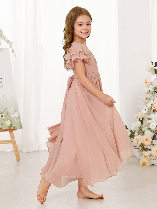 A-Line/Princess Chiffon Short Sleeves Scoop Neck Ankle-Length Junior Bridesmaid Dresses