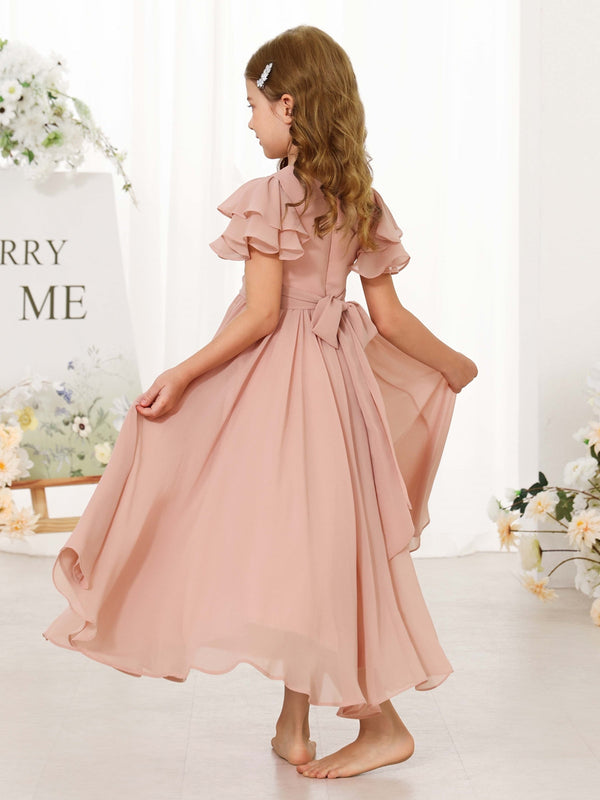A-Line/Princess Chiffon Short Sleeves Scoop Neck Ankle-Length Junior Bridesmaid Dresses