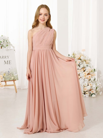 A-Line/Princess Chiffon Sleeveless One-Shoulder Floor-Length Junior Bridesmaid Dresses