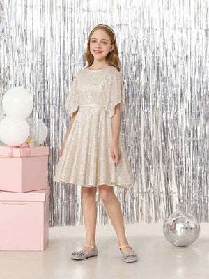 A-Line/Princess Sequin Half Sleeves Scoop Neck Mini Flower Girl Dresses