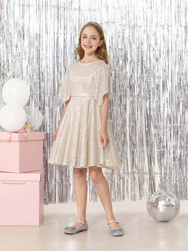 A-Line/Princess Sequin Half Sleeves Scoop Neck Mini Flower Girl Dresses