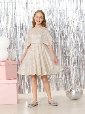 A-Line/Princess Sequin Half Sleeves Scoop Neck Mini Flower Girl Dresses