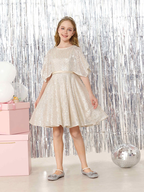 A-Line/Princess Sequin Half Sleeves Scoop Neck Mini Flower Girl Dresses