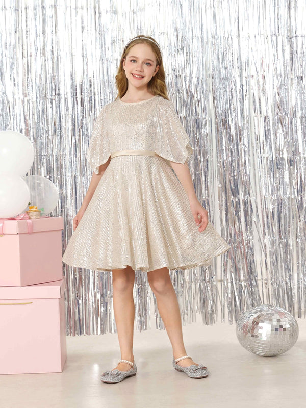 A-Line/Princess Sequin Half Sleeves Scoop Neck Mini Flower Girl Dresses