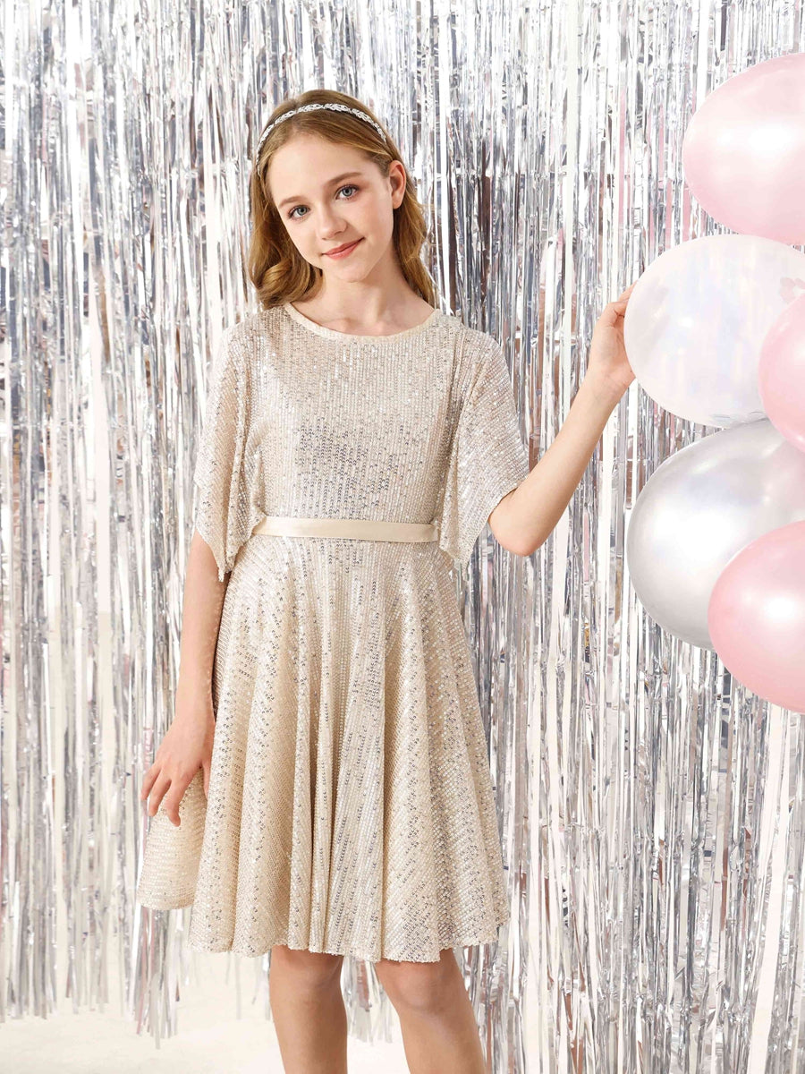 A-Line/Princess Sequin Half Sleeves Scoop Neck Mini Flower Girl Dresses