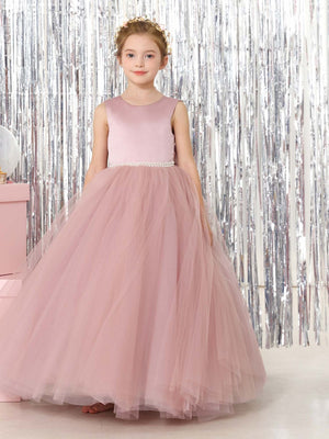 Ball-Gown Tulle Satin Sleeveless Scoop Neck Floor-Length Flower Girl Dresses