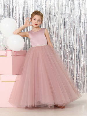 Ball-Gown Tulle Satin Sleeveless Scoop Neck Floor-Length Flower Girl Dresses