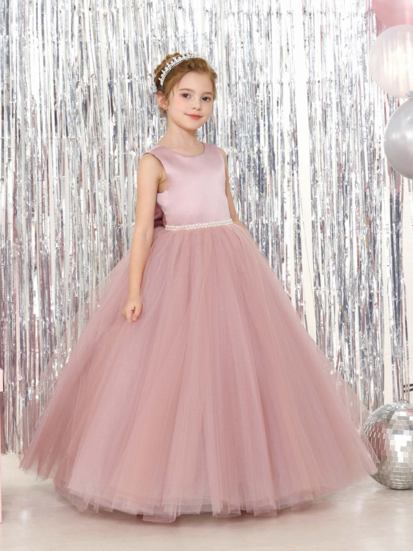 Ball-Gown Tulle Satin Sleeveless Scoop Neck Floor-Length Flower Girl Dresses