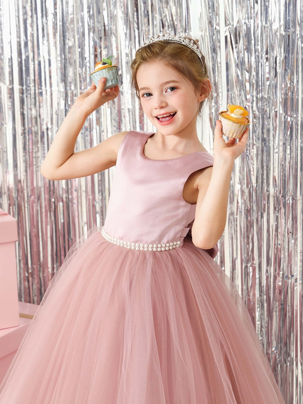 Ball-Gown Tulle Satin Sleeveless Scoop Neck Floor-Length Flower Girl Dresses