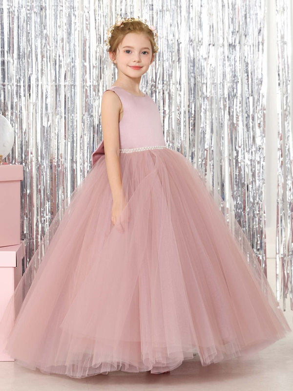 Ball-Gown Tulle Satin Sleeveless Scoop Neck Floor-Length Flower Girl Dresses