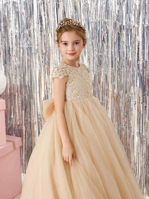 Ball-Gown Tulle Short Sleeves Scoop Neck Floor-Length Flower Girl Dresses