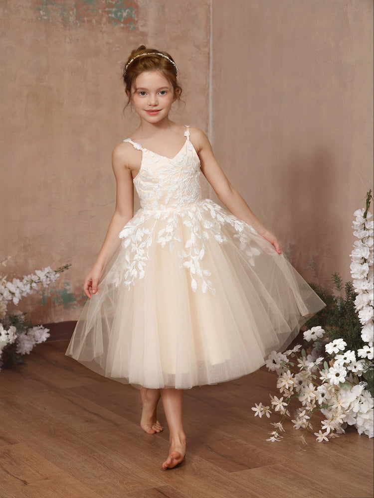 A Line Princess Lace Sleeveless V Neck Tea Length Flower Girl Dresses Lavetir
