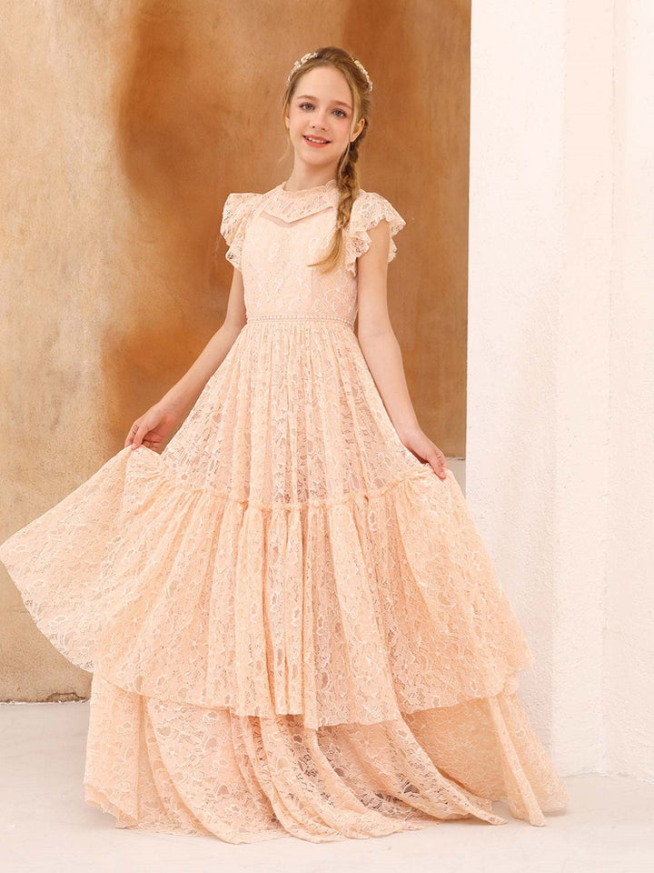 A-Line/Princess Lace Short Sleeves Scoop Neck Floor-Length Junior Bridesmaid Dresses