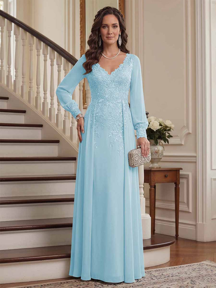 A-Line/Princess V-Neck Long Sleeves Floor-Length Mother of the Bride Dresses with Lace &amp; Applique
