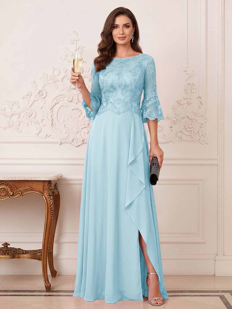 A-Line/Princess Half Sleeves Crew Neck Floor Length Mother of the Bride Dresses with Split Side &amp; Appliques