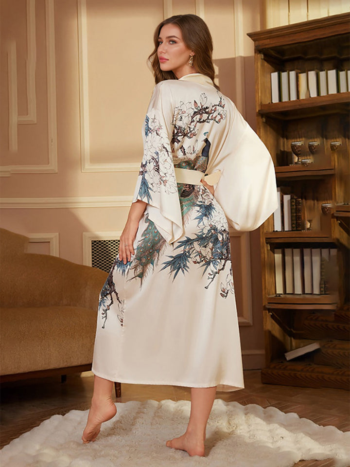 Hand Painted Peacock Silk Satin Women&