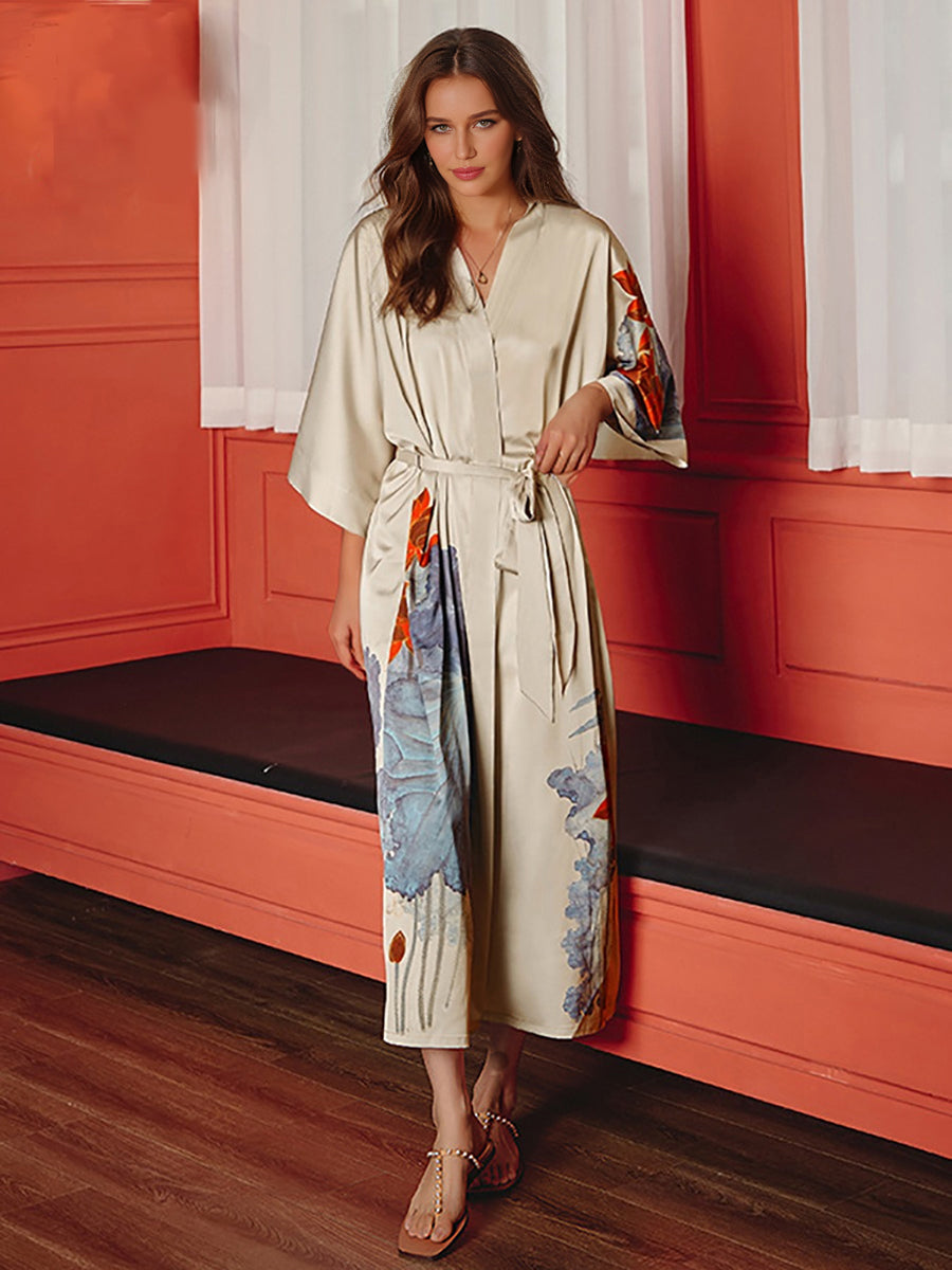 Hand Painted Lotus Satin Tea-Length Long Women&