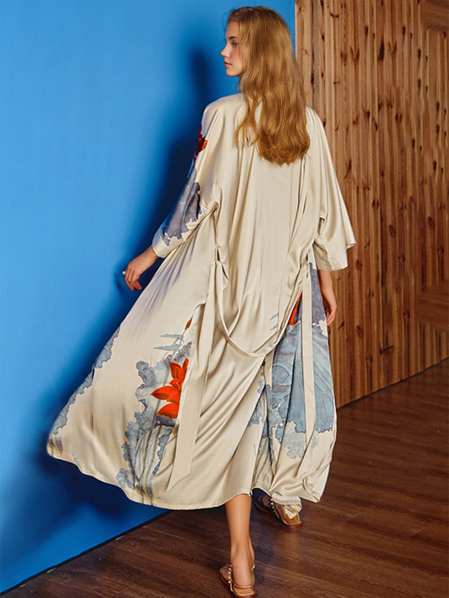 Hand Painted Lotus Satin Tea-Length Long Women&