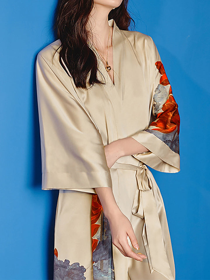 Hand Painted Lotus Satin Tea-Length Long Women&
