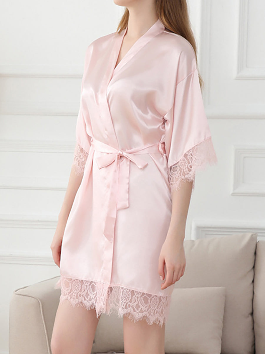 Silk Satin Short/Mini Solid Color Bride Robes with Lace Trim