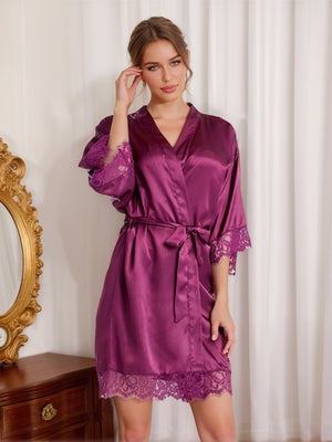Silk Satin Short/Mini Solid Color Bride Robes with Lace Trim