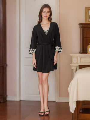 Women's Floral Embroidery Spaghetti Straps Short Robe Set