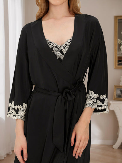Women's Floral Embroidery Spaghetti Straps Short Robe Set