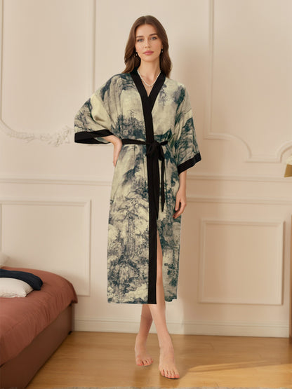 Hand Painted Ink Landscape 3/4 Sleeves Comfortable Women's Robes