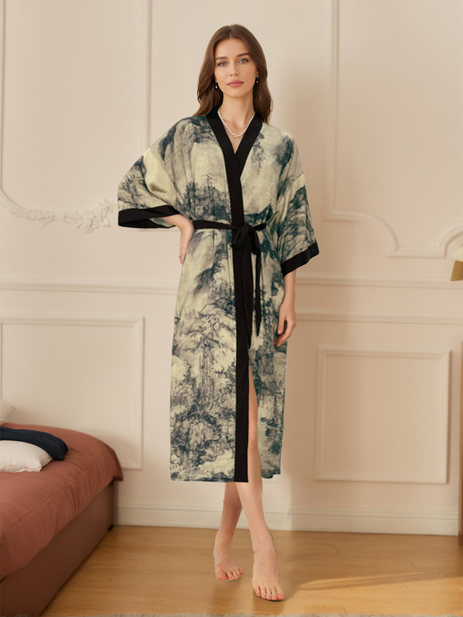Hand Painted Ink Landscape 3/4 Sleeves Comfortable Women's Robes