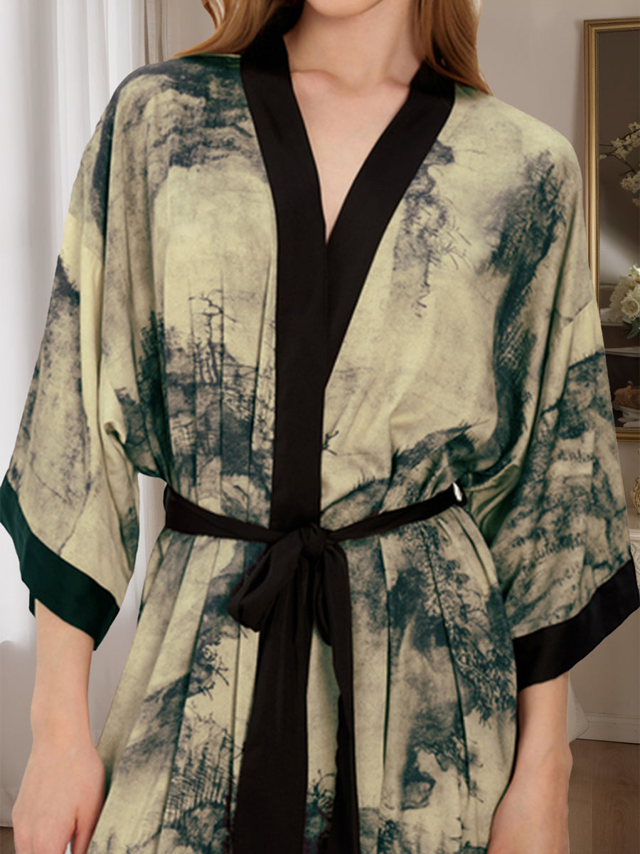 Hand Painted Ink Landscape 3/4 Sleeves Comfortable Women&